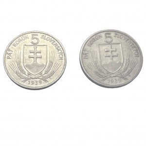 Slovak rep. WWII. 5 Koruna 1939 Lot of 2 coins both variant Á in NÁROD