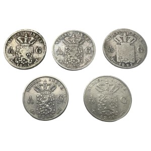 Indonesie 1/10 Gulden 1882,4,91,93,96 WILLIAM III./ WILHELMINA Utrecht Lot 5 coins