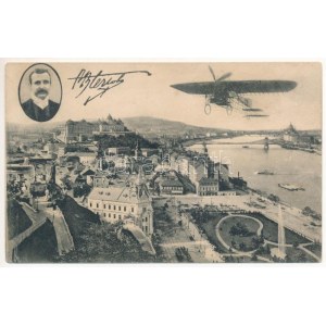 Budapest I. Tabán, Döbrentei tér, Bleriot repülőgépe a Gellérthegy felett, Szent Gellért szobor...