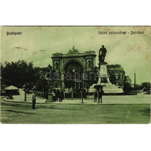 1908 Budapest VII. Keleti pályaudvar, Baross szobor, vasútállomás, villamos (szakadás / tear)