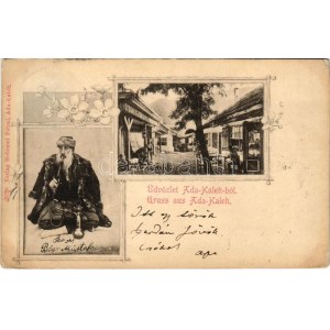 1901 Ada Kaleh, Bego Mustafa vízipipával, Török bazár, üzlet. Mehemet Fehmi kiadása / Turkish bey, street view, bazaar...