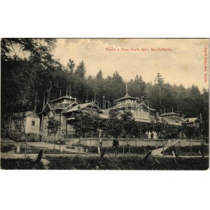 1913 Bártfa, Bártfafürdő, Bardejovské Kúpele, Bardiov, Bardejov; Nézet a New York étterem felé. Salgó Mór kiadása ...