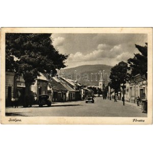 1943 Szolyva, Svalava, Svaljava, Szvaljava, Svaliava; Horthy Miklós utca, autók, üzletek, templom / main street...