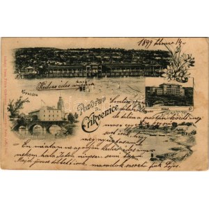 1899 (Vorläufer) Crikvenica, Cirkvenica; Kupaliste, Hotel, Crkva i ljeciliste za djecu / beach, bath, church, bridge...