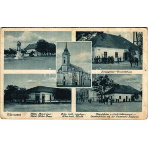 Bácsordas, Karavukova, Karavukovo; Községháza, Hitler Adolf utca, Római katolikus templom, Tűzoltólaktanya / town hall...