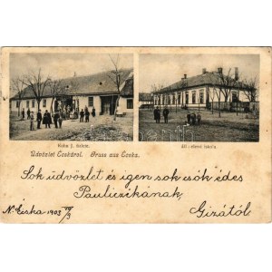 1903 Écska, Német-Ecska, Ecka (Torontál); Kohn Izidor üzlete, állami elemi iskola / shop and school (EK...