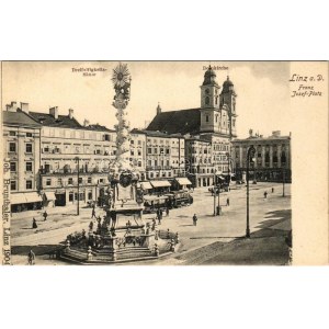 Linz, Franz Josef-Platz, Dreifaltigkeits-Säule, Domkirche / square, Holy Trinity statue, church, tram, shops ...