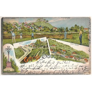 1897 (Vorläufer!) Doboj, Bahnhof, Szaparykreuz, Doboj v. Westen / general view, railway station, monument...