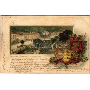 1901 Bad Wildbad, Partie bei der Trinkhalle. Passepartoutkarte Art Nouveau, Emb. litho with coat of arms (fl...
