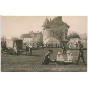 1930 Bucharest, Bukarest, Bucuresti, Bucuresci; Red Cross first aid practice in the scout camp...
