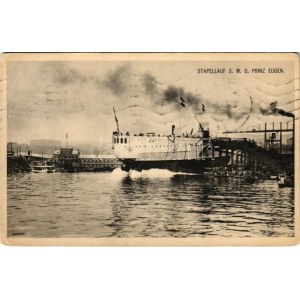 1913 Az SMS PRINZ EUGEN Osztrák-Magyar Haditengerészet pre-dreadnought csatahajójának vízre bocsátása / Stapellauf SMS ...