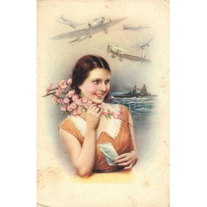 Lady with flowers and military aeroplanes, Cecami No. 1023. (b)