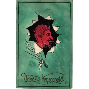 1925 Kézzel rajzolt és készített Krampusz művészlap / Hand-drawn and custom made Krampus art postcard (vágott / cut...