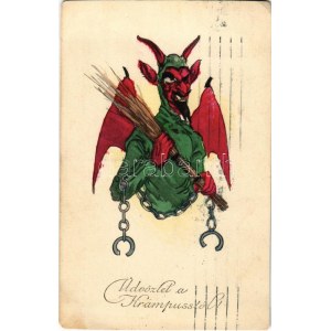 1917 Üdvözlet a Krampusztól / Krampus with chains and birch. H. H. i. W. Serie 1628. (vágott / cut...