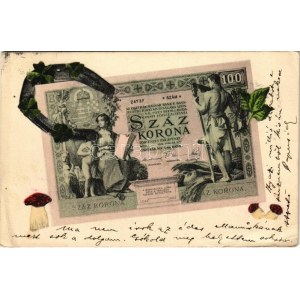1905 Száz korona magyar bankjegy. Szecessziós montázs újévi motívumokkal ...