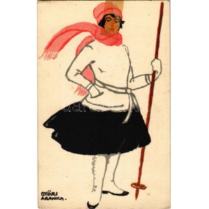 Síelő hölgy művészlap, téli sport, Diana krém reklám a hátoldalon / Skiing lady. Hungarian art postcard, winter sport...