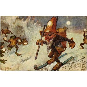 Síelő törpe hógolyókat dobáló békák kereszttüzében / Skiing dwarf in the crossfire of frogs throwing snowballs s...