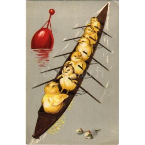 Húsvét, evezős csibék tojás bojával / Easter, rowing chicken with egg buoy. T.S.N. S. 650...