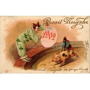 1902 Prosit Neujahr / New Year greeting art postcard with circus clown, monkey riding on a pig, clovers. litho (EK...
