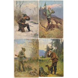 VADÁSZAT - 7 db RÉGI művész képeslap / HUNTING - 7 pre-1945 art postcards