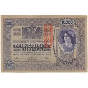 Ausztria 1918. 10.000K mindkét oldala német, függőleges, piros DEUTSCHÖSTERREICH felülbélyegzéssel T...