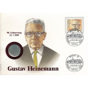 NSZK 1968F 1M Cu-Ni Gustav Heinemann érmés borítékban bélyeggel és bélyegzéssel T:AU FRG 1968F 1 Mark Cu-Ni ...