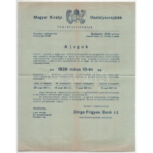 1939. 42. Magyar Királyi Osztálysorsjáték második osztály egynyolcad sorsjegye bélyegzéssel, vízjeles papíron ...