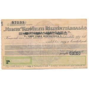 ~1920-1930. Mercur Váltóüzleti Részvénytársaság kitöltetlen csekk T:F
