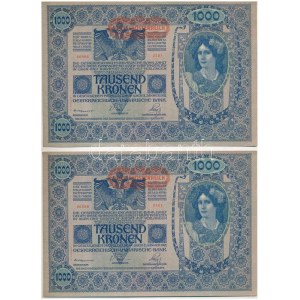 Ausztria 1919. (1902) 1000K (2x) 2. kiadás, közeli sorszámok: 2561 66985 és 2561 66988 vízszintes ...