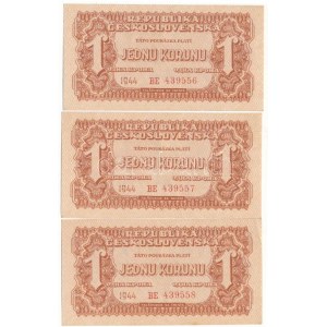 Csehszlovákia 1944. 1K (3x) sorszámkövetők BE 439556 - BE 439558 T:AU,XF / Czechoslovakia 1944. 1 Koruna (3x...