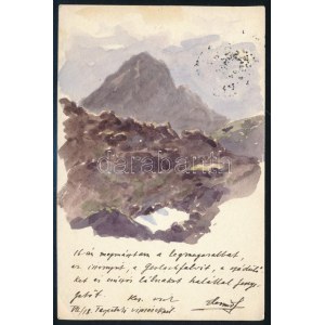 Veress Zoltán (1868-1935): Gerlachfalvi-csúcs, Tátra. Akvarell, papír, jelzett. 14x9,5 cm. Levelezőlapon, postázva...