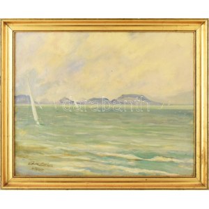 Csont Ferenc (1888-1969): Balatoni vitorlásverseny. Olaj, vászon, jelezve balra lent. Hátoldalán Dunántúli táj...