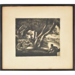 Patkó Károly (1895-1941): Fürdőzők pihenője. Rézkarc, papír, jelzett. Üvegezett fakeretben, 23×25 cm / Károly Patkó ...