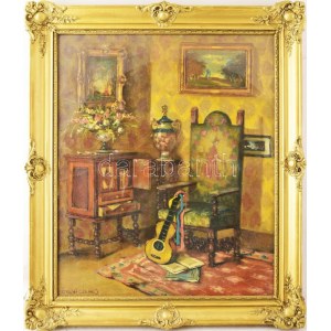 Apátfalvi Czene János (1904-1984): Enteriőr gitárral és festményekkel. Olaj, vászon, kartonon, jelezve balra lent...