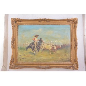 Budaváry Sándor (?-?): Cowboy. Olaj, vászon, jelzett. Dekoratív fakeretben, 49×70 cm