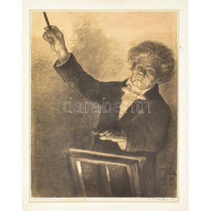 Barta Ernő (1878-1956): Beethoven, 1909. Szén, papír, jelzett, lap alján apró felületi sérüléssel, paszpartuban...