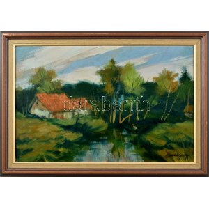Baranyai Ferenc (1923-2003): Horgász. Olaj, karton. Jelzett. Dekoratív fak8retben. 33x50 cm