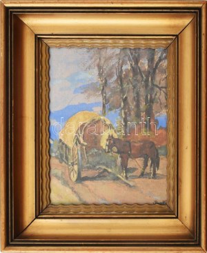 Berkes Antal (1874-1938): Lovaskocsi. Akvarell, papír. Jelzett. Dekoratív, üvegezett fakeretben...