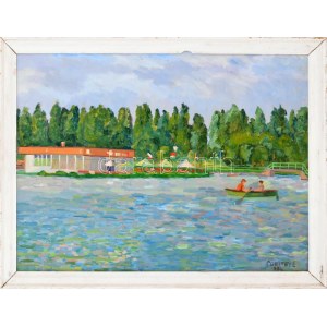 Csejtei László (?): Balaton, a fonyódi gyermektábor. Olaj, farost, jelzett, keretben 40x62 cm