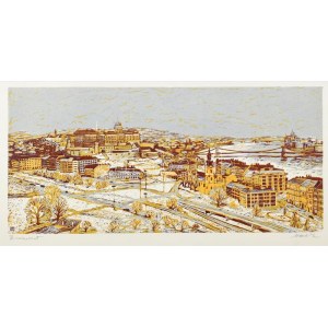 Csavlek András (1942- ): Budapest. Színes linómetszet, papír, jelzett, 26×55 cm