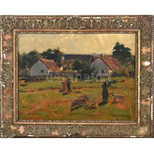 Vitéz Darvassy István (1888-1960). Faluvége, 1920 körül. Olaj, falemez, jelezve jobbra lent. Hátoldalán 1920...