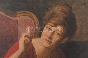 Glatter Ármin (1861-1931): Cigarettázó hölgy piros ruhában. Olaj, vászon, jelezve jobbra lent (halványan). Dekoratív...