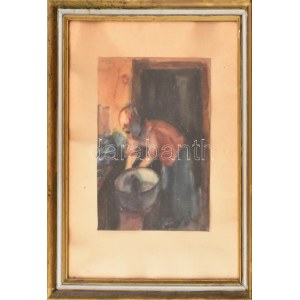 Gallé Tibor (1896-1944): Mosónő, 1928. Akvarell, papír, jelzett, 39x29 cm. Üvegezett, dekoratív...