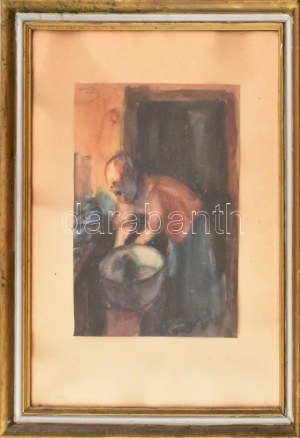 Gallé Tibor (1896-1944): Mosónő, 1928. Akvarell, papír, jelzett, 39x29 cm. Üvegezett, dekoratív...