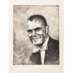 Gyémánt László (1935-): John Glenn űrhajós portréja. Rézkarc, papír. Jelzett. Kartonra kasírozva...