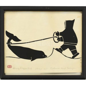 Henry Napartuk (1932-1985): Eskimo and Beluga. Linómetszet, papír, jelzett üvegezett keretben / linocut signed twice ...
