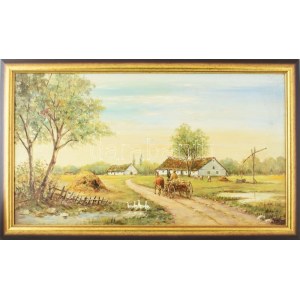 Rónai Antal (1924-): Munkából (lovasszekér). Olaj, farost, jelzett, fakeretben, 40×70 cm