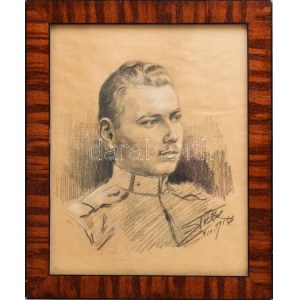 Olvashatatlan jelzéssel: I. világháborús katona portréja, 1916. Ceruza, papír. Üvegezett fakeretben...