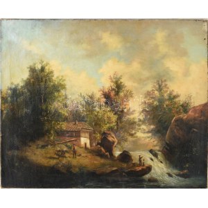 Jelzés nélkül, XIX. sz. osztrák v. német festő: Vízparti jelenet. Olaj, vászon, restaurált, sérült...