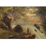 Jelzés nélkül, XIX. sz. osztrák v. német festő: Vízparti jelenet. Olaj, vászon, restaurált, sérült...
